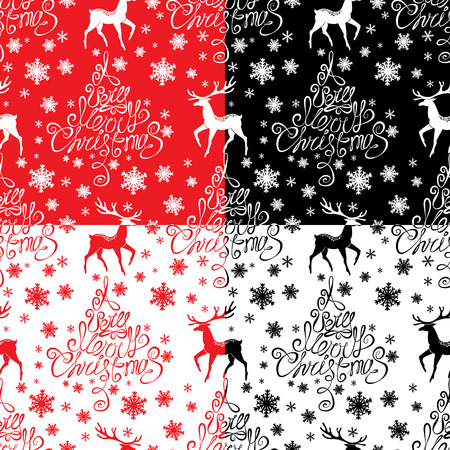 Seamless pattern with calligraphic text A Very Merry Christmas, snowflakes and xmas symbols for winter and xmas theme in red, black and white colors. Ready to use as swatchのイラスト素材