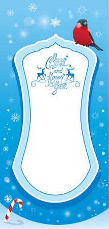 Vretical card with bullfinch bird and frame on light blue sky background.  Handwritten text Merry Christmas and Happy New Year, winter holidays designのイラスト素材