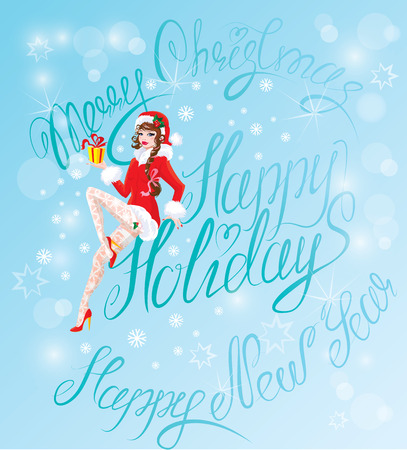 Brunette Pin Up Christmas Girl wearing Santa Claus suit and stockings carrying christmas present on blue background with snowflakes.  Handwritten text Happy holidays, Merry Christmas and happy New Year.のイラスト素材