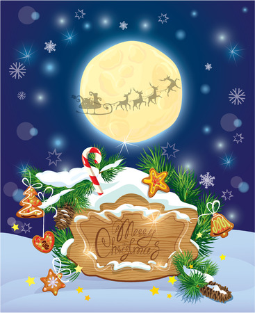 Card with xmas moon, snowflakes, gingerbread, candy canes and fir-tree branches. Hand written text Merry Christmas on wooden board. New Year holiday design.のイラスト素材