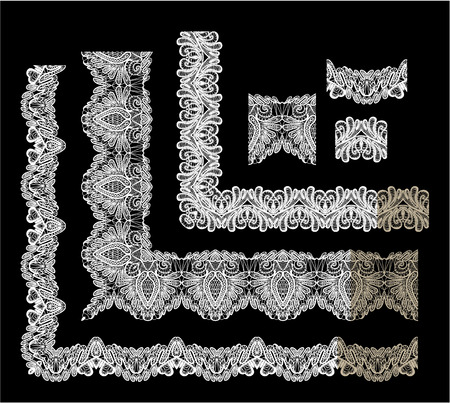 Frame Elements Set - different lace edges and borders - Seamless stripes - floral lace ornament - white on black backgroundのイラスト素材