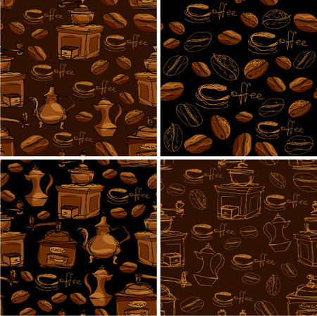 Set of 4 seamless patterns with handdrawn coffee cups, beans, grinder, coffee pot, calligraphic text COFFEE. Background design for cafe or restaurant menu.のイラスト素材