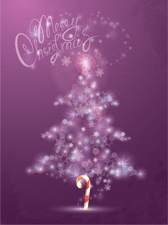 Shining abstract  xmas fir tree is made of sparkles and lights on violet background. Handwritten text Merry Christmasのイラスト素材