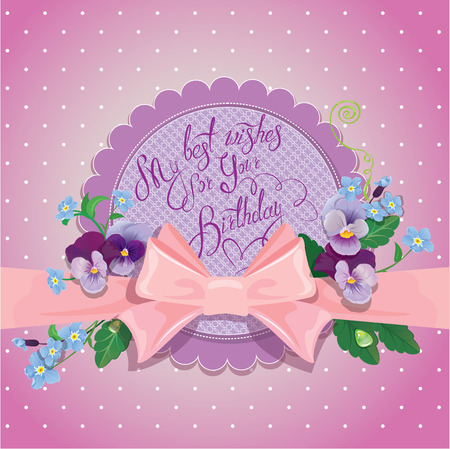 Holiday card.Colorful flowers, frame with pink bow and ribbon on polka dots background. Handwritten text My best wishes for your Birthday.のイラスト素材