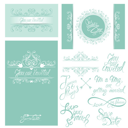 Set of Wedding invitation cards with floral elements, calligraphic handwritten text, background in blue colors.のイラスト素材