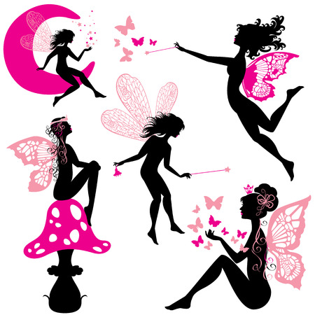 Set of silhouette fairy girls with butterflies and stars isolated on white backgroundのイラスト素材