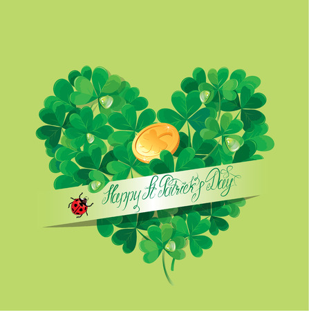 Holiday card with calligraphic words Happy St. Patricks Day and Shamrock heart with golden coin on green backgroundのイラスト素材