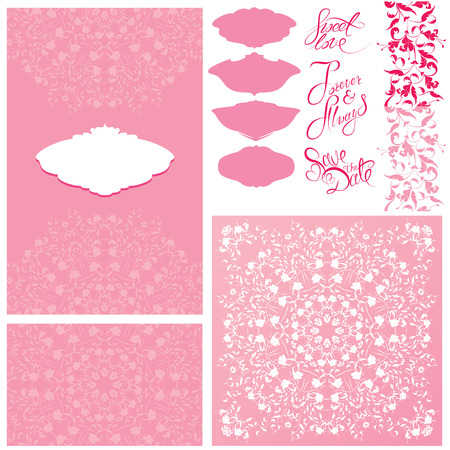Set of Wedding invitation cards with floral elements. Handwritten calligraphic text, background ornamental patterns, frames.のイラスト素材