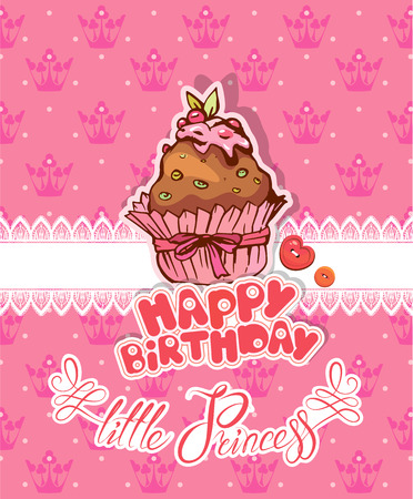 Happy birthday, little princess - holiday card for girl with pancake on pink background with crowns.のイラスト素材