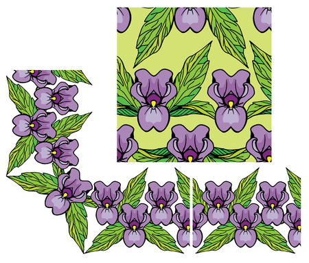 Set of ornaments - decorativ floral border and seamless pattern with iris flowers.のイラスト素材