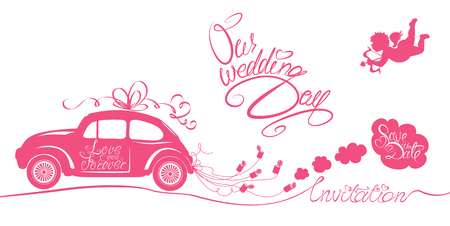 Funny pink wedding card with retro car dragging cans, angel and calligraphic texts - Our wedding day, Save the Date, Invitation.のイラスト素材