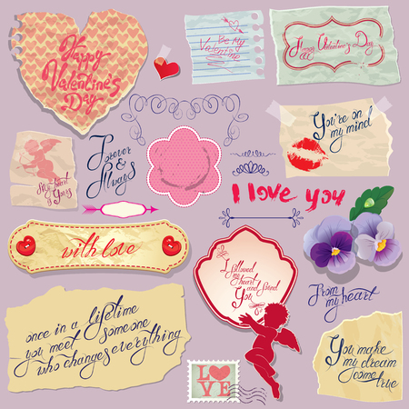 Set of vintage papers and labels, heart, calligraphic texts for Valentines Day design.のイラスト素材