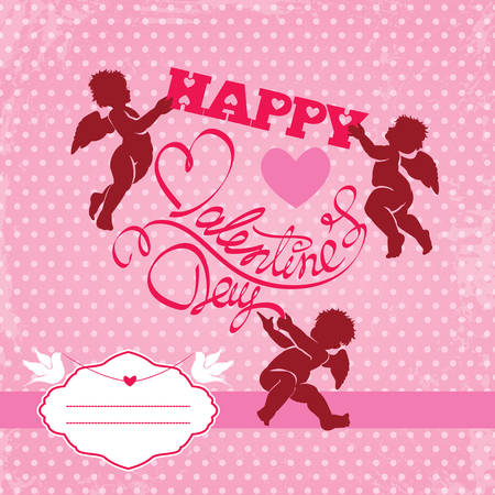 Holiday card with cute angels and heart on polka dots pink background. Handwritten calligraphic text Happy Valentines Day and frame for your text.のイラスト素材
