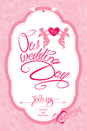 Wedding Invitation Card with cute angels and heart with calligraphic text Save the Date, Join us and Our Wedding Day on pink floral background.のイラスト素材