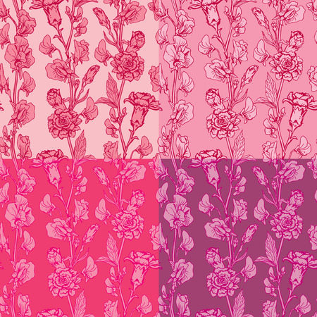 Seamless pattern with Realistic graphic flowers - clove and sweet pea - hand drawn background in red, pink and purple colors.のイラスト素材