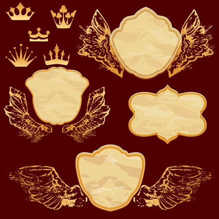 Set of vintage labels in shield shapes with old paper grunge texture, golden wings and crown.のイラスト素材