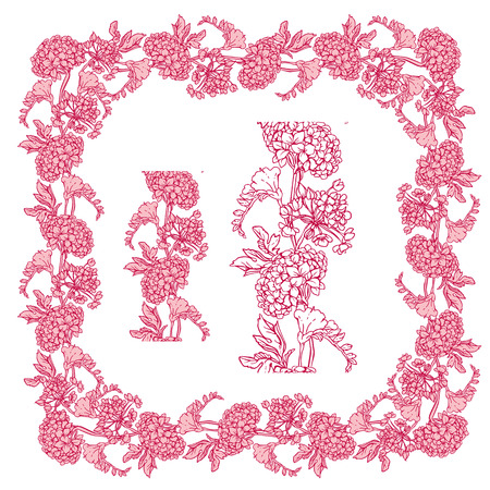 Set of ornaments in pink and red colors - decorative handdrawn floral border and frame with gardenia and sweet pea flowers, isolated on white background.のイラスト素材