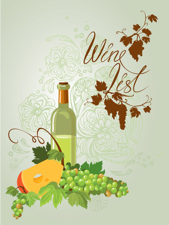 Wine bottle, cheese and green grapes and leaves on beige floral ornamental background. Calligraphic handdrawn text Wine list. Element for restaurant, bar, cafe menu or label.のイラスト素材