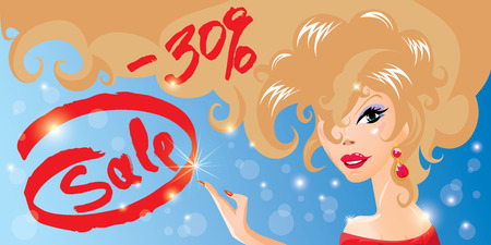 Discount horizontal banner with Smiling Happy blond girl. Calligraphic hand written text Sale. Blue background with sparkles.のイラスト素材