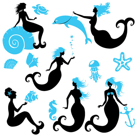 Set of Beautiful mermaid girl Silhouettes in black and blue colors,  isolated on white background. Elements for fairytale design. With seashell, seahorse, fish, dolphin.のイラスト素材