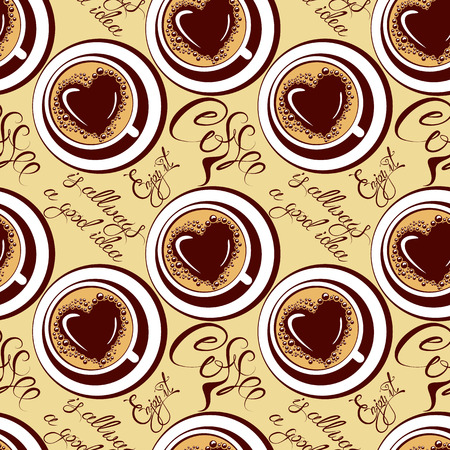 Seamless pattern with coffee cups, calligraphic hand written text Coffee is allways a good idea, Enjoy it. Background design for cafe or restaurant menu.のイラスト素材