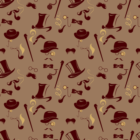 Seamless pattern in retro style. Men silhouettes smoking cigar and pipe, vintage background in brown colors.のイラスト素材