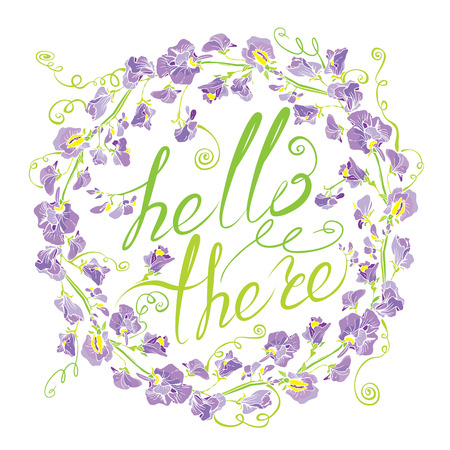 Decorative handdrawn floral round frame with sweet pea flowers, isolated on white background. Hand written calligraphic text Hello there. Holiday design element.のイラスト素材