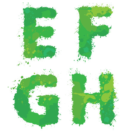E, F, G, H, Handdrawn english alphabet - letters are made of green watercolor, ink splatter, paint splash font. Isolated on white background.のイラスト素材