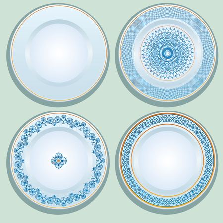 Set of White porcelain plate with blue ornament, patterned round border. Russian gzhel style.のイラスト素材