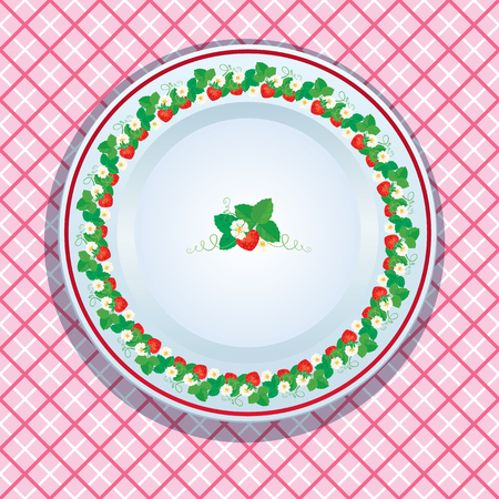 White plate decoration with strawberries, leaves and flowers on pink checkered background. Fruit frame.のイラスト素材