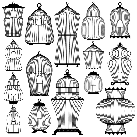 Set of decorative black bird cage Silhouettes, isolated on white background.のイラスト素材