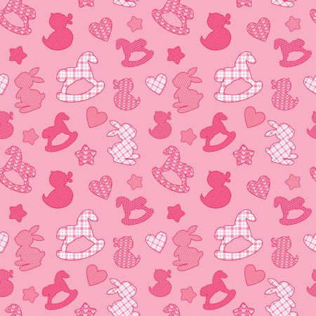 Seamless pattern with toys - horses, rabbits, hearts and stars. Newborn girl pink color background. Design for baby shower, card, invitation, etc.のイラスト素材