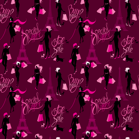 Seamless pattern - Effel Tower, girls silhouettes with shopping bags.のイラスト素材