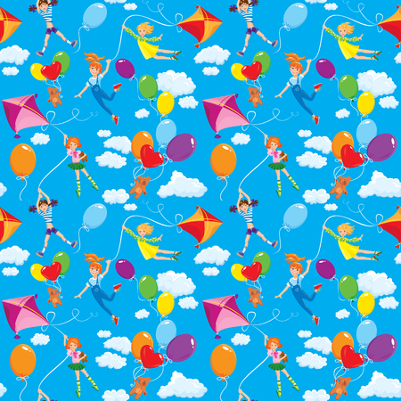 Seamless pattern with clouds, colorful balloons, kites with cute girls, and teddy bears on blue skyのイラスト素材