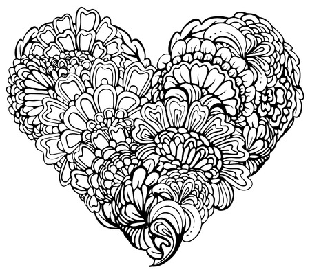 Abstract black paisley ornament in heart shape, isolated on white background. Element for Valentines day card, wedding invitation, love design.  Image for coloring book.のイラスト素材