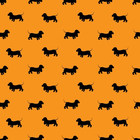 Seamless pattern with black dogs silhouettes - Dachshund on orange background. Animal design.のイラスト素材