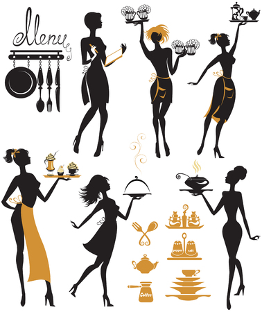 Set of girl silhouettes, waitress with tray, isolated on white background. Woman work. Element for cafe, restaurant, bar menu design.のイラスト素材