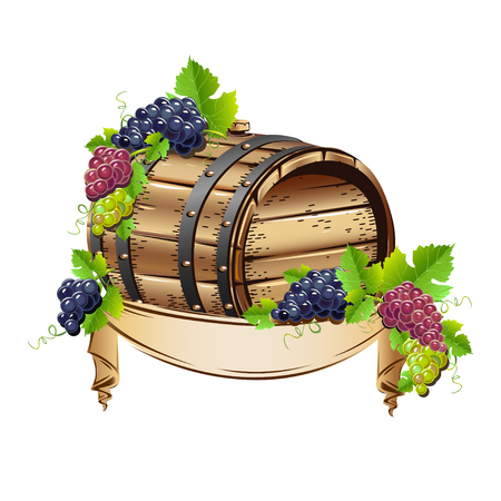 Wine barrel with bunches of grapesのイラスト素材