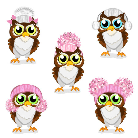 Owls in knitted hats set.のイラスト素材
