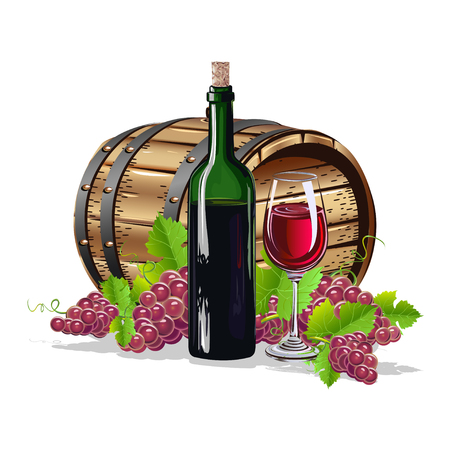 Wine barrel with a bottle and a glass. A realistic still life. Vector illustration.のイラスト素材