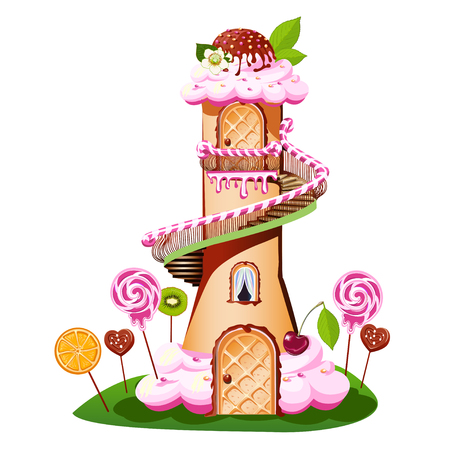 Sweet castle with a cream-colored roof and a piece of candy. Fairytale vector illustration.のイラスト素材