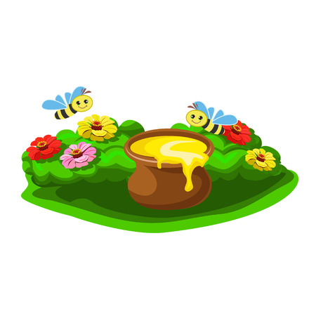A pot of honey in flowers and merry bees. Summer vector illustration.のイラスト素材