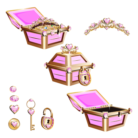 Treasure chest with pink jewelry and tiara. Set of vector illustrations.のイラスト素材
