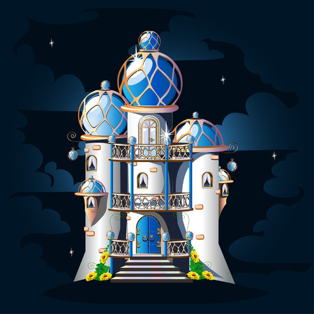 Fairytale castle with a blue domed roof, a balcony and crystals. Magic vector illustration in oriental style.のイラスト素材