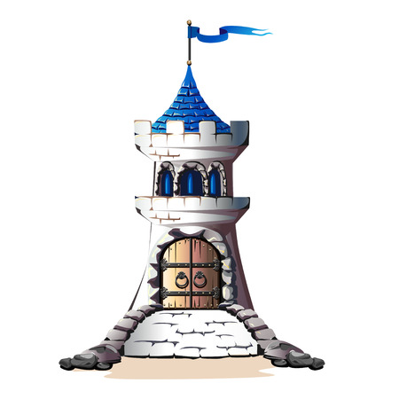 Fairytale towers of a stone castle with a gate and a bridge. Vector illustration.のイラスト素材
