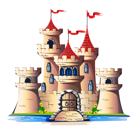 Fairytale towers of a stone castle with a gate and a bridge. Vector illustration.のイラスト素材