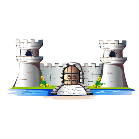 Fairytale towers of a stone castle with a gate and a bridge. Vector illustration.のイラスト素材