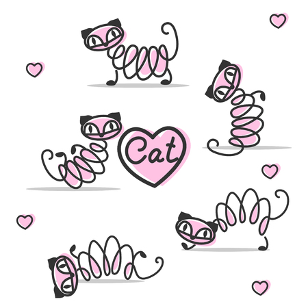 hand drawn pink cute cats set. Vector illustration.のイラスト素材