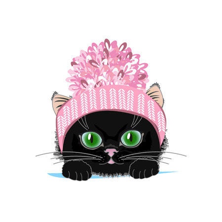Cute cat in a winter hat with bubo. Vector illustrationのイラスト素材