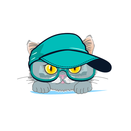 Cute cat in a cap and glasses. Vector illustrationのイラスト素材